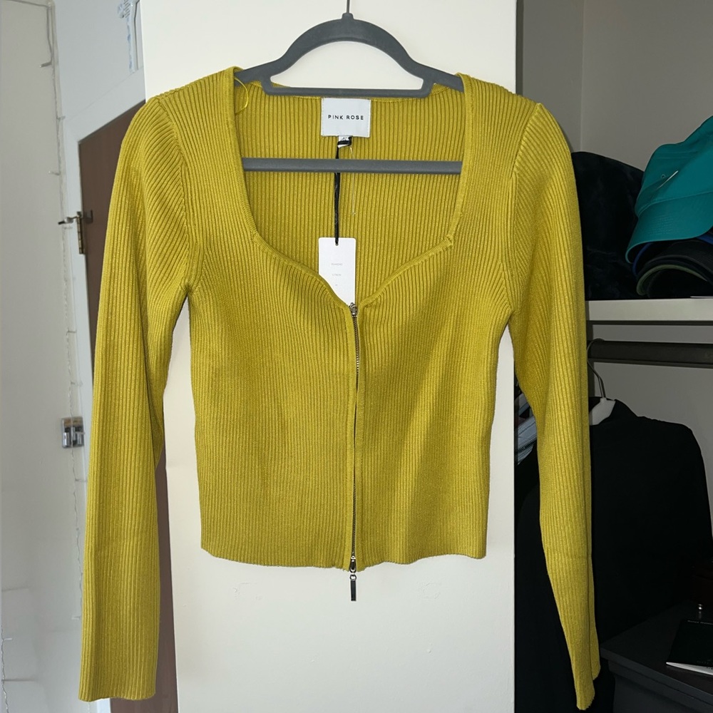 Pink Rose Green Double Zip Sweater